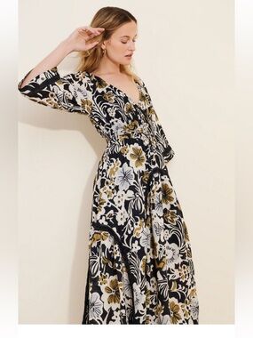 Free People Black, White & Olive Floral Smocked Maxi Dress